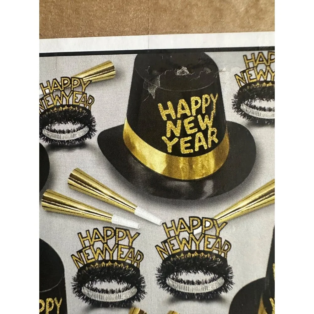 New Year’s Party Favor Assortment For 50 Guests Black Gold Hats Tiaras Horns